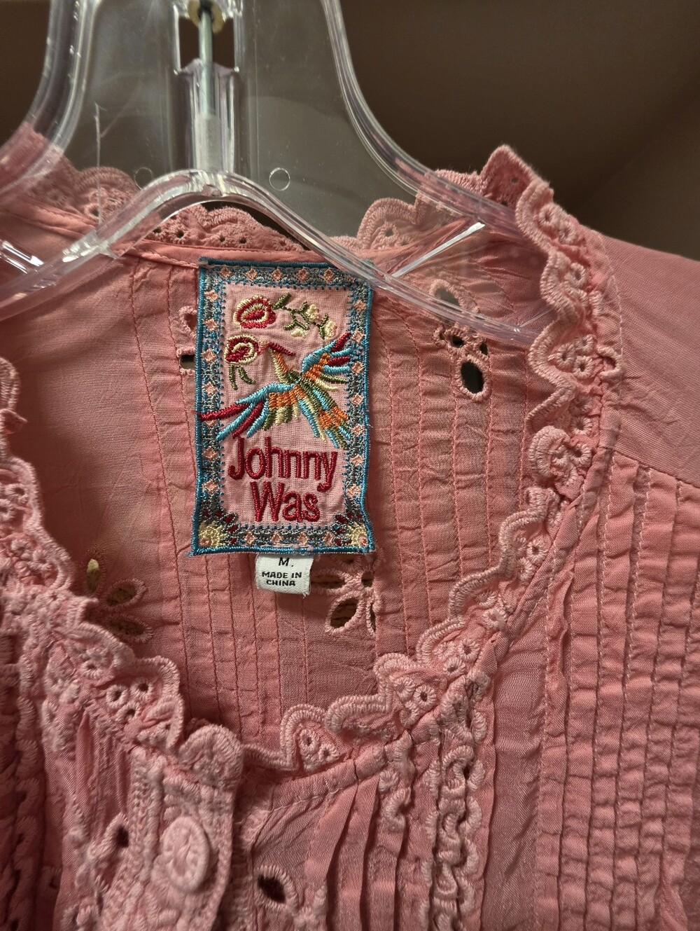 Johnny Was Rose Pink Eyelet Lace-Trim Blouse